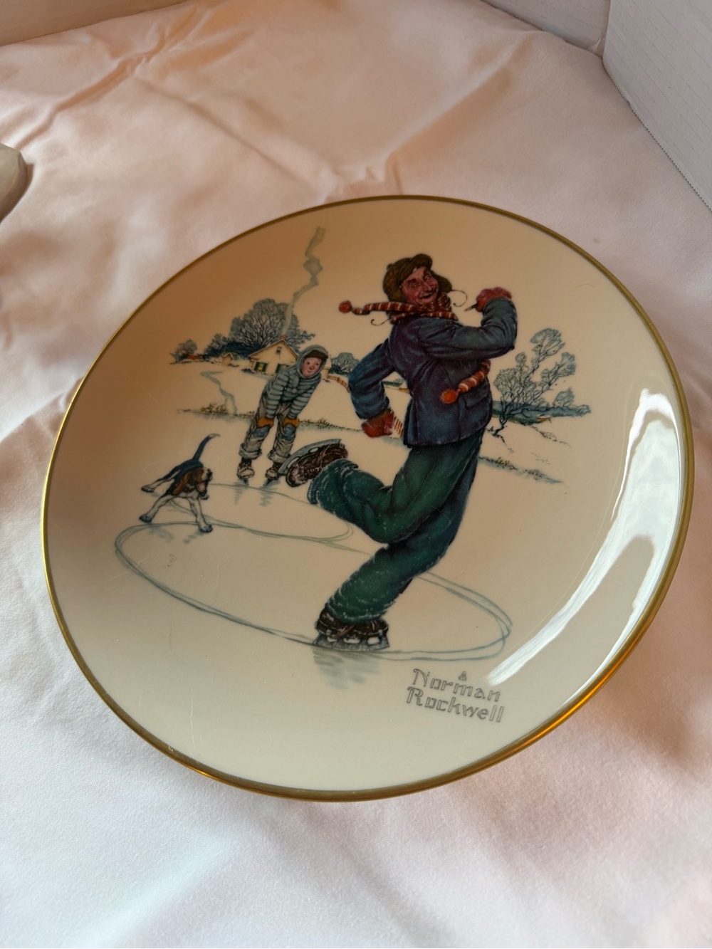 Gorham Decorative Plate with Gold Trim and Multicolor Winter Rockwell Scene